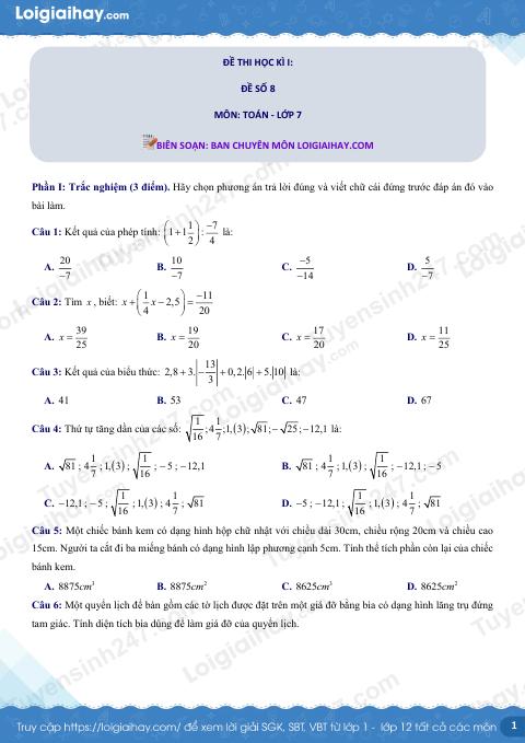 Đề thi học kì 1 Toán 7 - Đề số 8 - Cánh diều